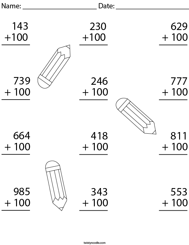 Add 100 To Each 3 Digit Number Math Worksheet Twisty Noodle